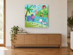 Riverbank Jungle Party animal canvas print on the wall of a living room above a sideboard