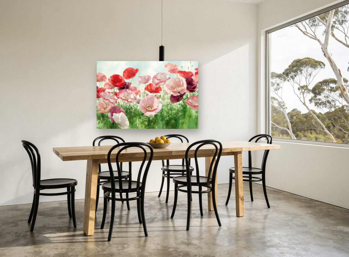 Poppy Meadow Bloom floral canvas print on the wall of a dining room
