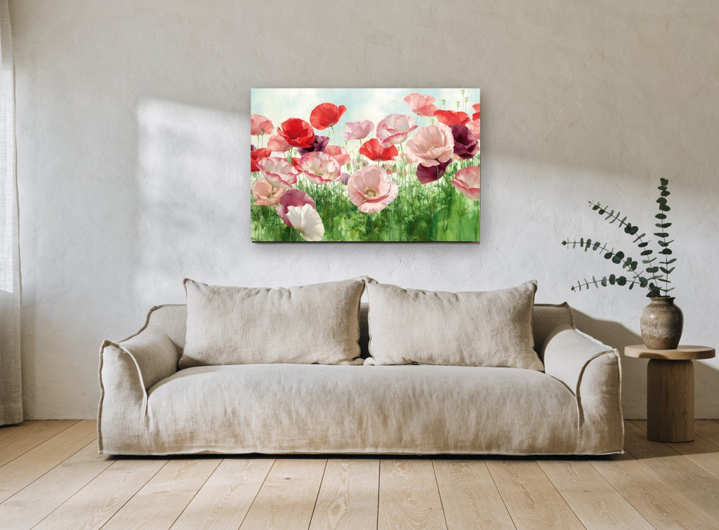 Poppy Meadow Bloom floral canvas print on the wall of a living room