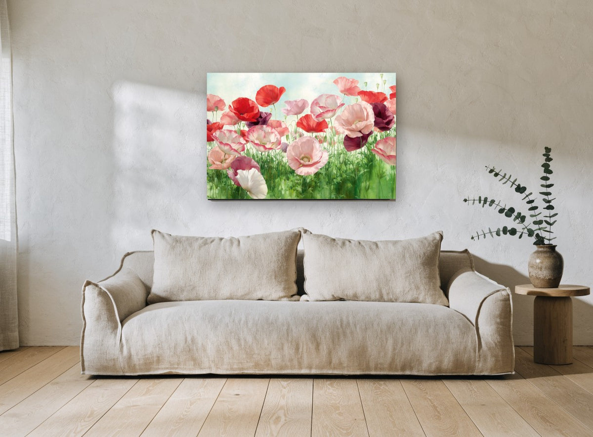 Poppy Meadow Bloom floral canvas print on the wall of a living room