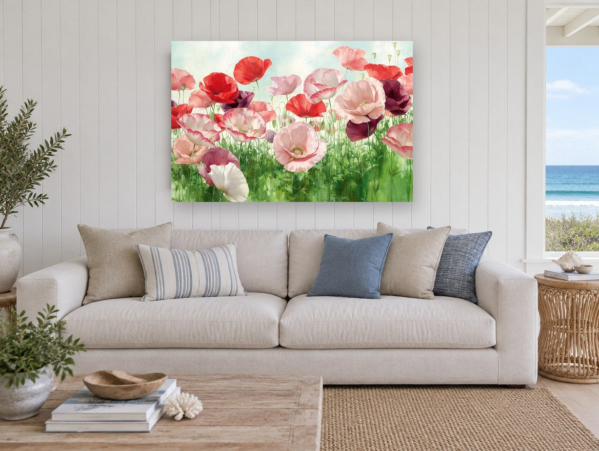Poppy Meadow Bloom floral canvas print on the wall of a beach house living room