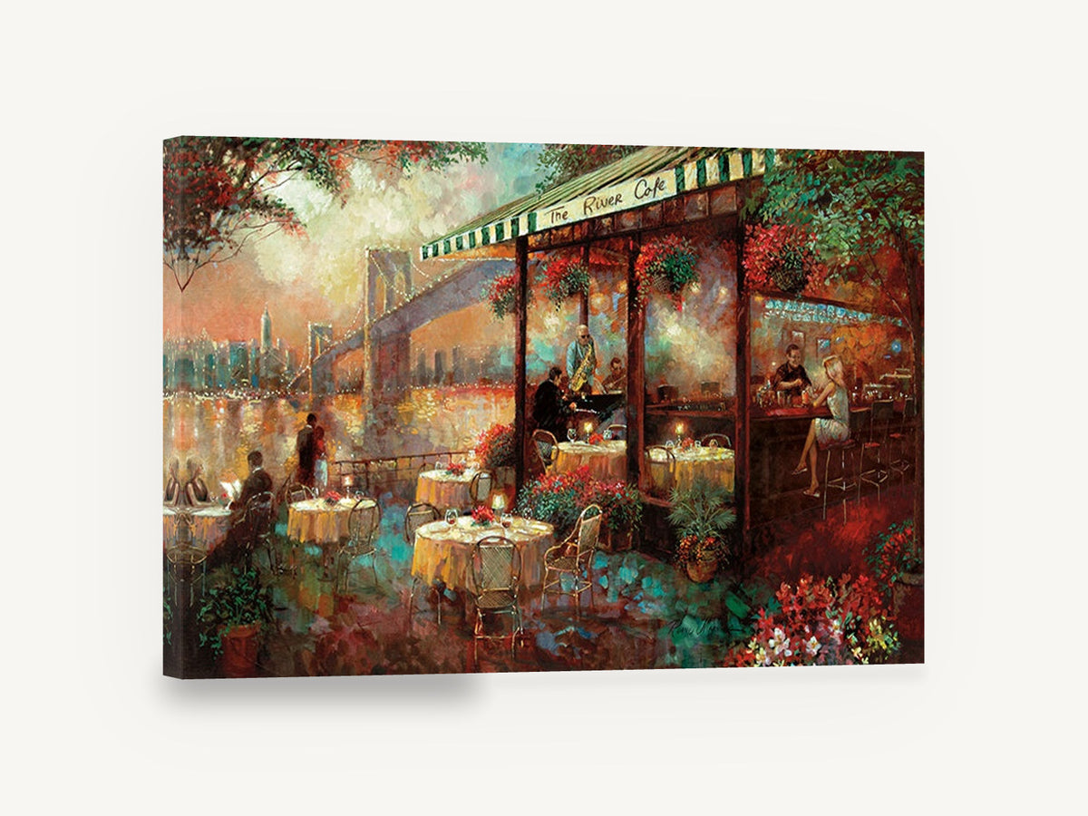 Riverside Café Evening, riverside cafe evening bridge kitchen, kitchen canvas wall art print ready to hang