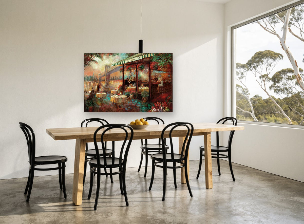Riverside Café Evening kitchen canvas print on the wall of a dining room