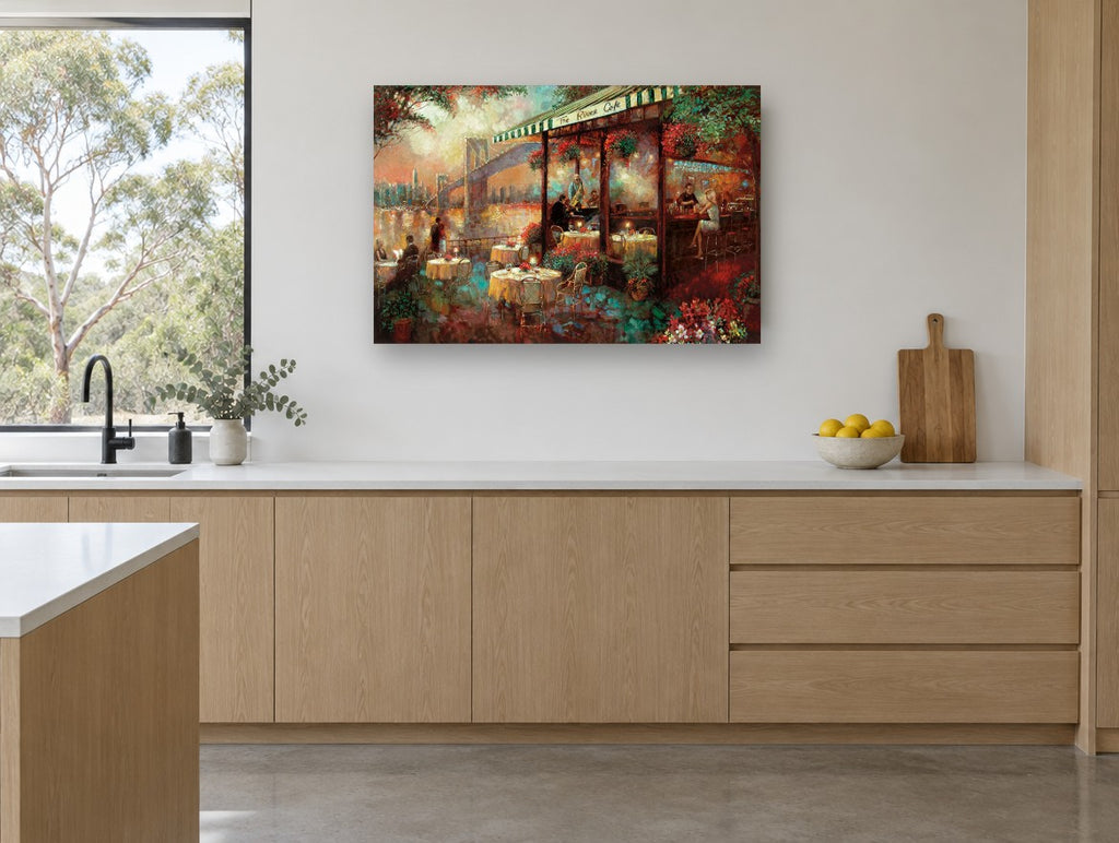 Riverside Café Evening kitchen canvas print on the wall of a kitchen