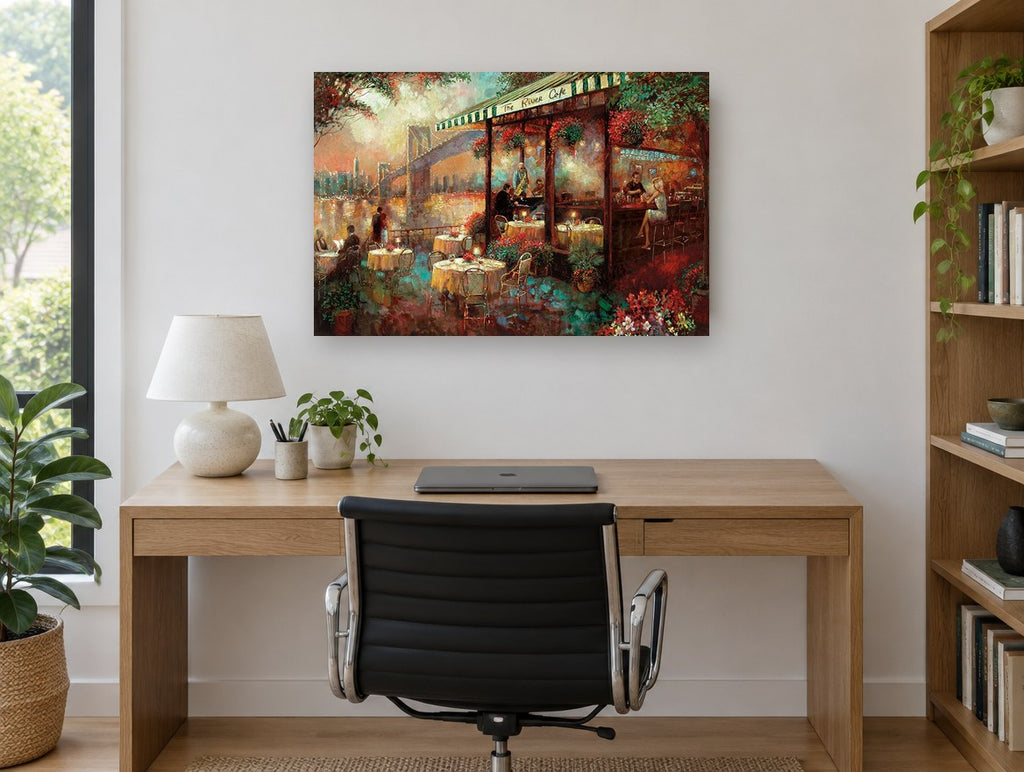 Riverside Café Evening kitchen canvas print on the wall of a study