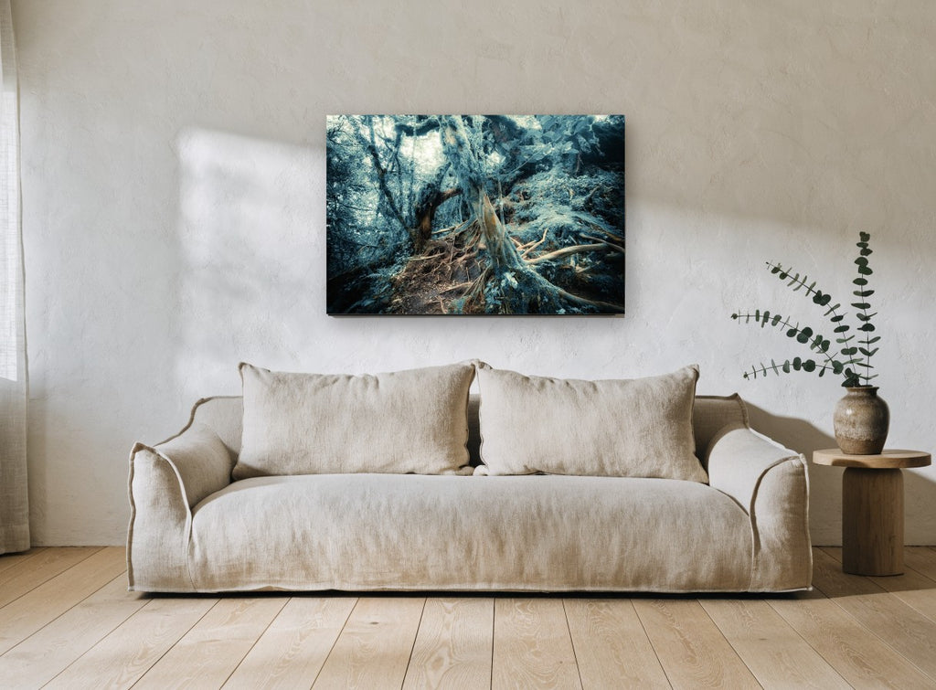 Mossy Root Hollow landscape canvas print on the wall of a living room