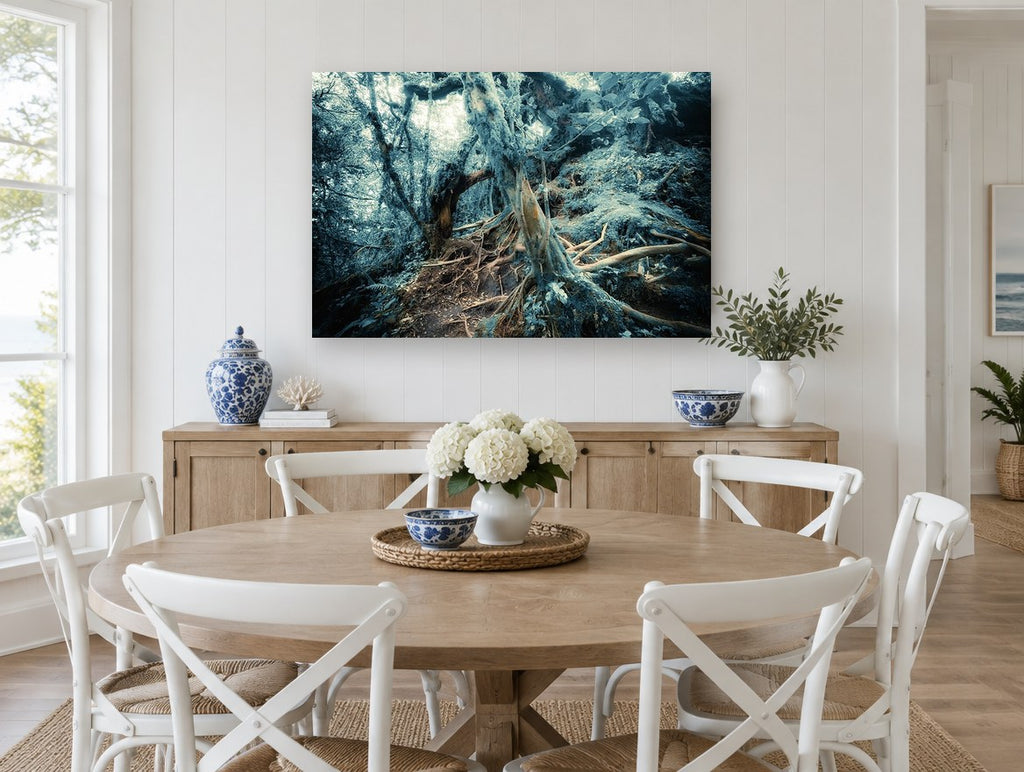 Mossy Root Hollow landscape canvas print on the wall of a Hamptons dining room