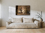 Lantern-Lit Snowy Beeches landscape canvas print on the wall of a living room