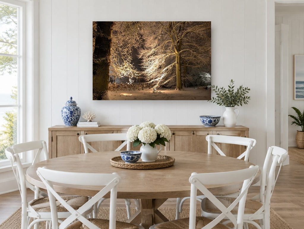 Lantern-Lit Snowy Beeches landscape canvas print on the wall of a Hamptons dining room