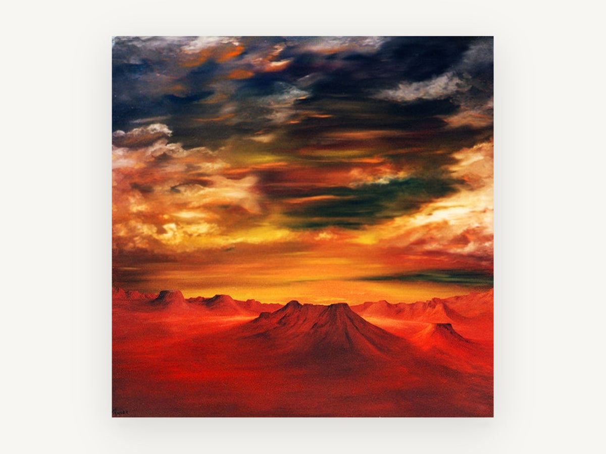 Crimson Desert Dusk, red mountain sunset landscape painting, landscape canvas wall art print, front view