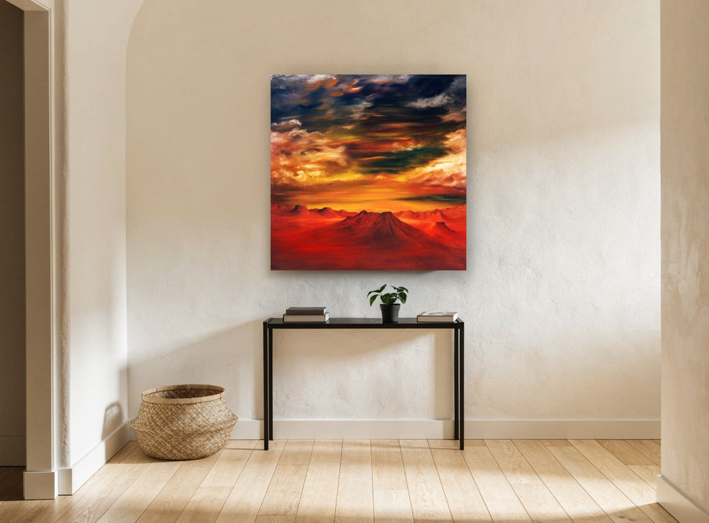 Crimson Desert Dusk landscape canvas print on the wall of a hallway
