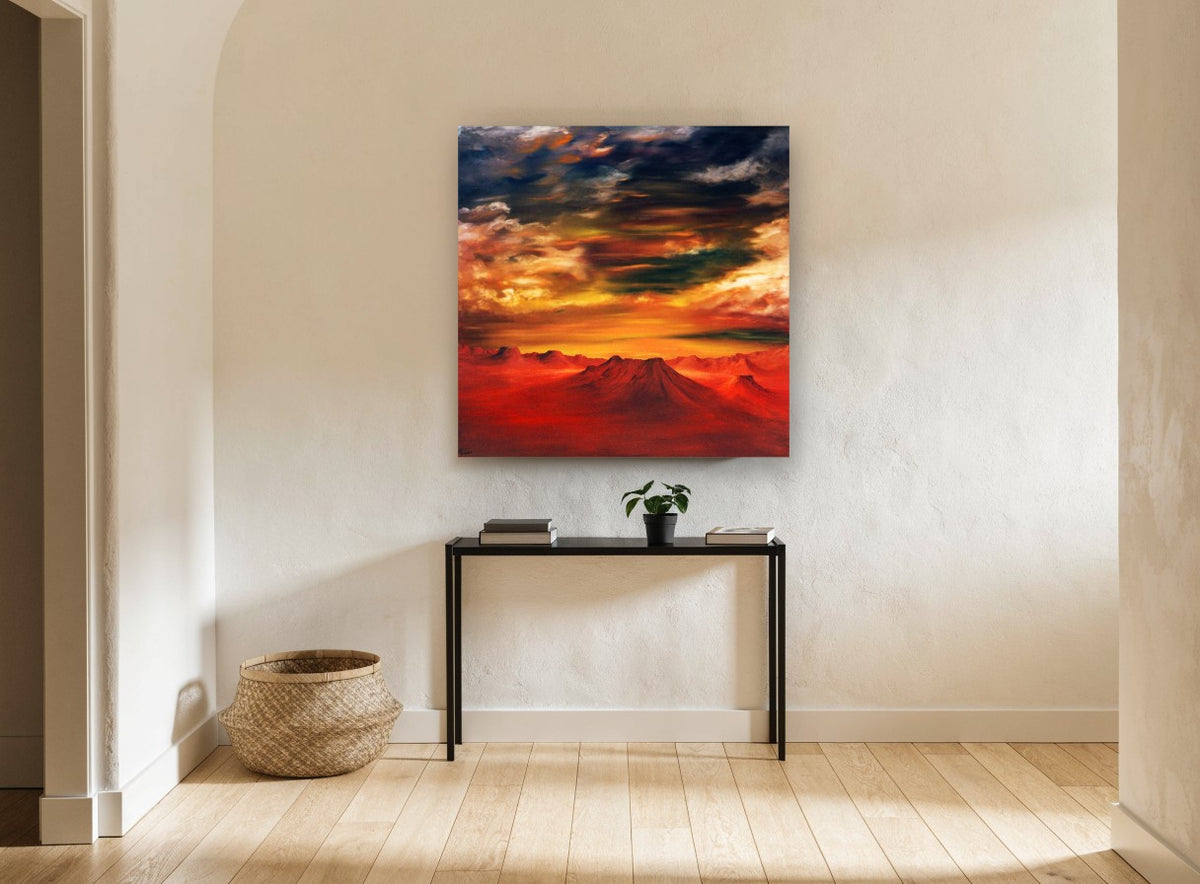 Crimson Desert Dusk landscape canvas print on the wall of a hallway