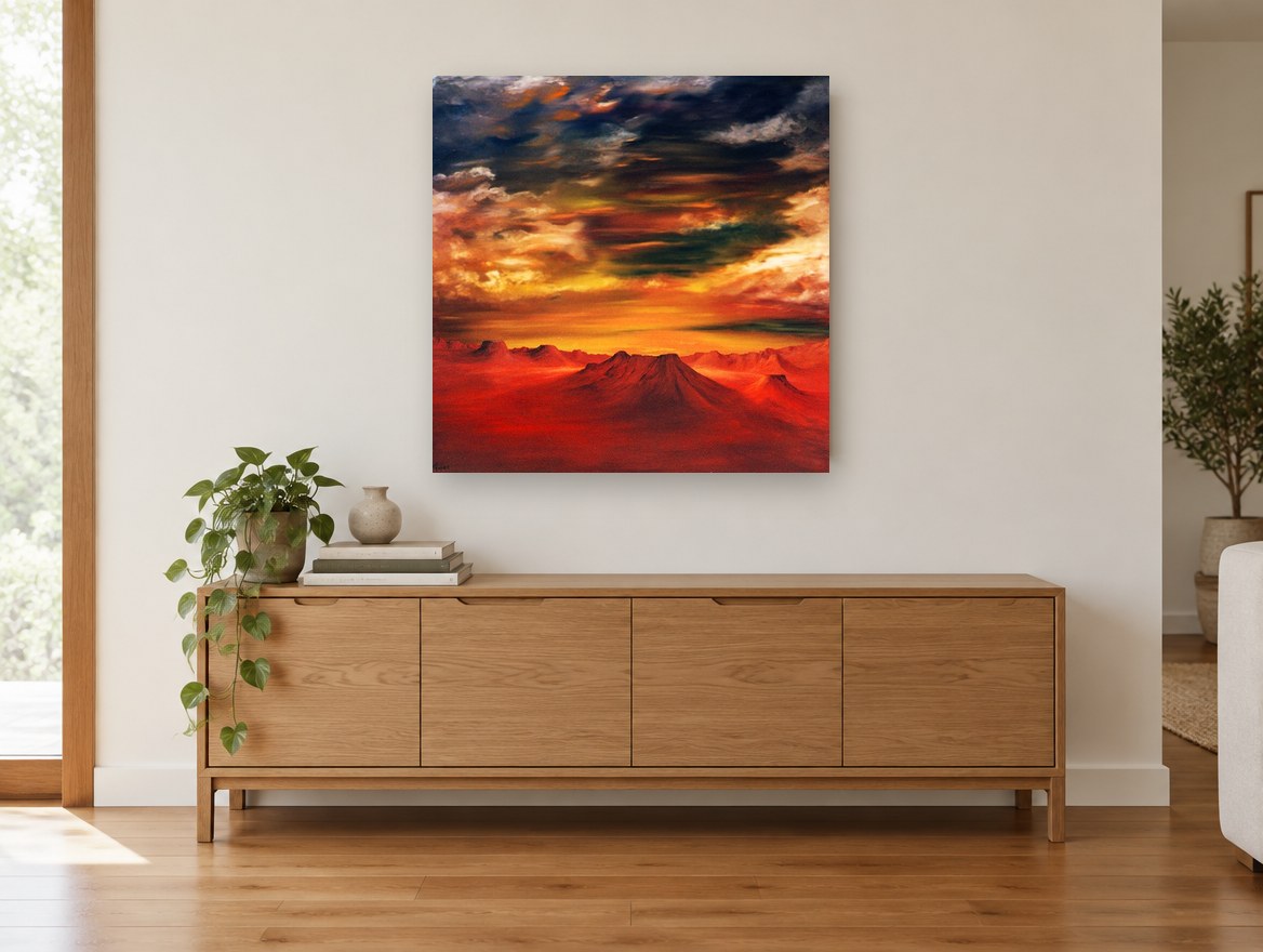 Crimson Desert Dusk landscape canvas print on the wall of a living room above a sideboard