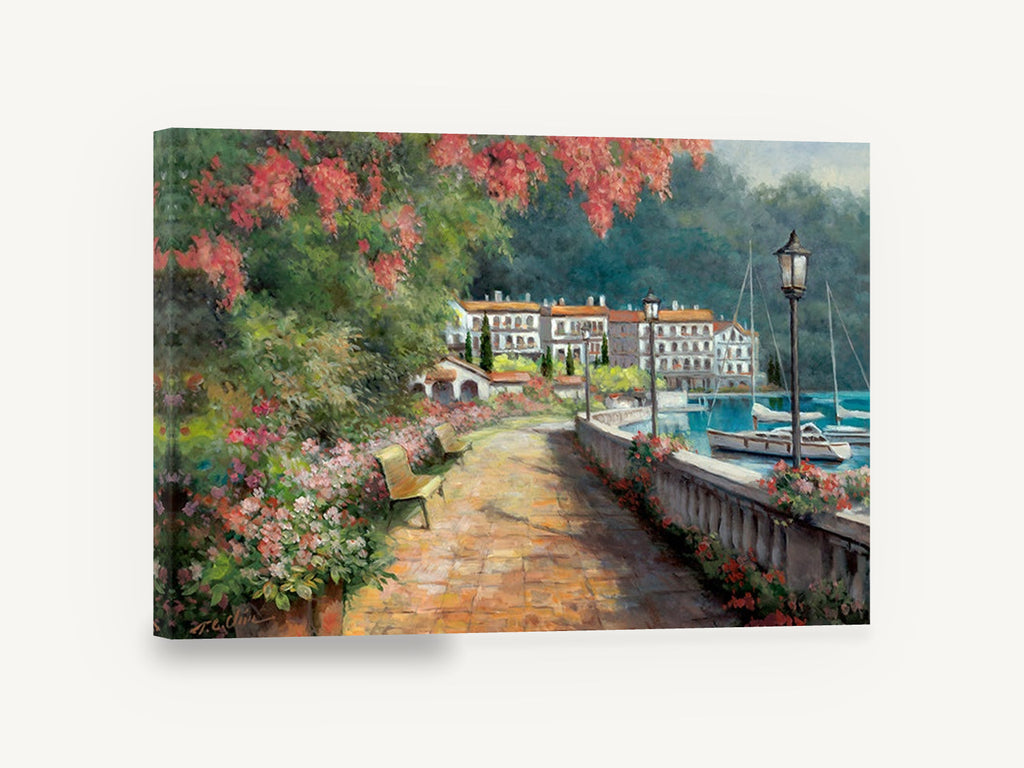 Lakeside Promenade Stroll, lakeside promenade flowers boats painting, coastal canvas wall art print ready to hang