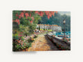 Lakeside Promenade Stroll, lakeside promenade flowers boats painting, coastal canvas wall art print ready to hang