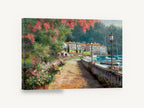 Lakeside Promenade Stroll, lakeside promenade flowers boats painting, coastal canvas wall art print ready to hang