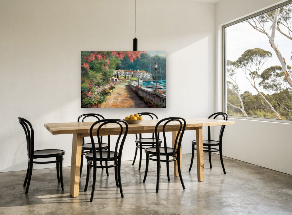 Lakeside Promenade Stroll coastal canvas print on the wall of a dining room