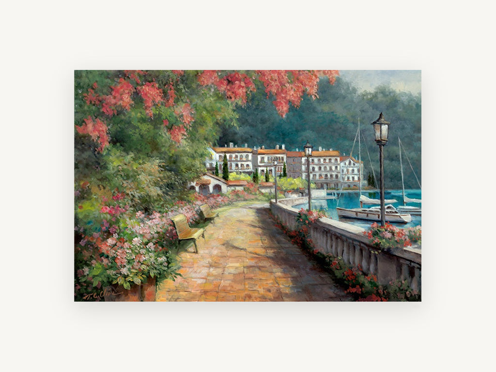 Lakeside Promenade Stroll, coastal canvas wall art print, front view
