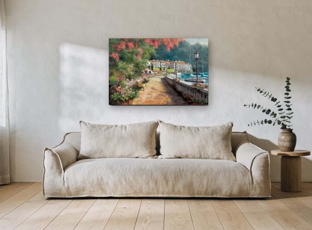 Lakeside Promenade Stroll coastal canvas print on the wall of a living room