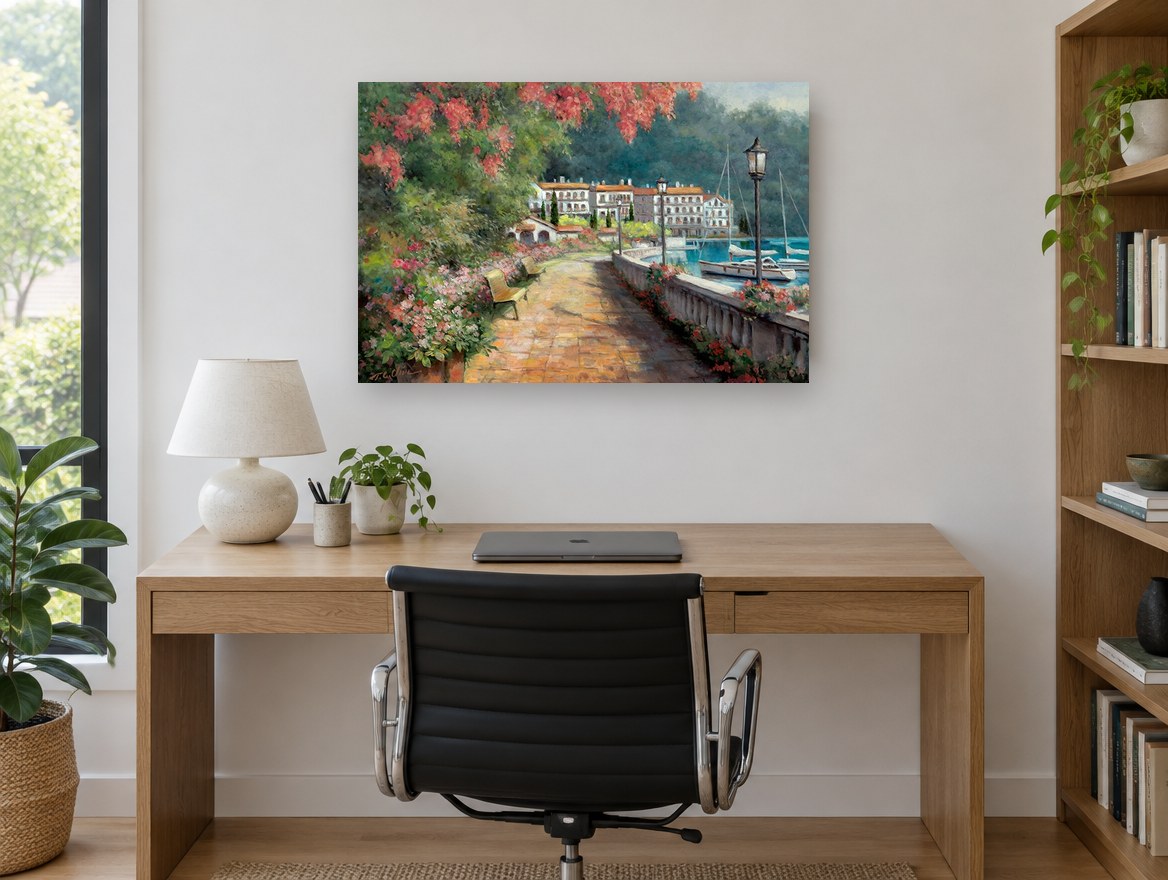 Lakeside Promenade Stroll coastal canvas print on the wall of a study