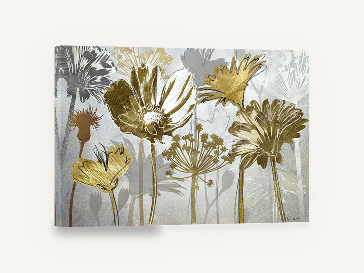 Gilded Meadow Silhouettes, gold and grey wildflower silhouette art, floral canvas wall art print ready to hang