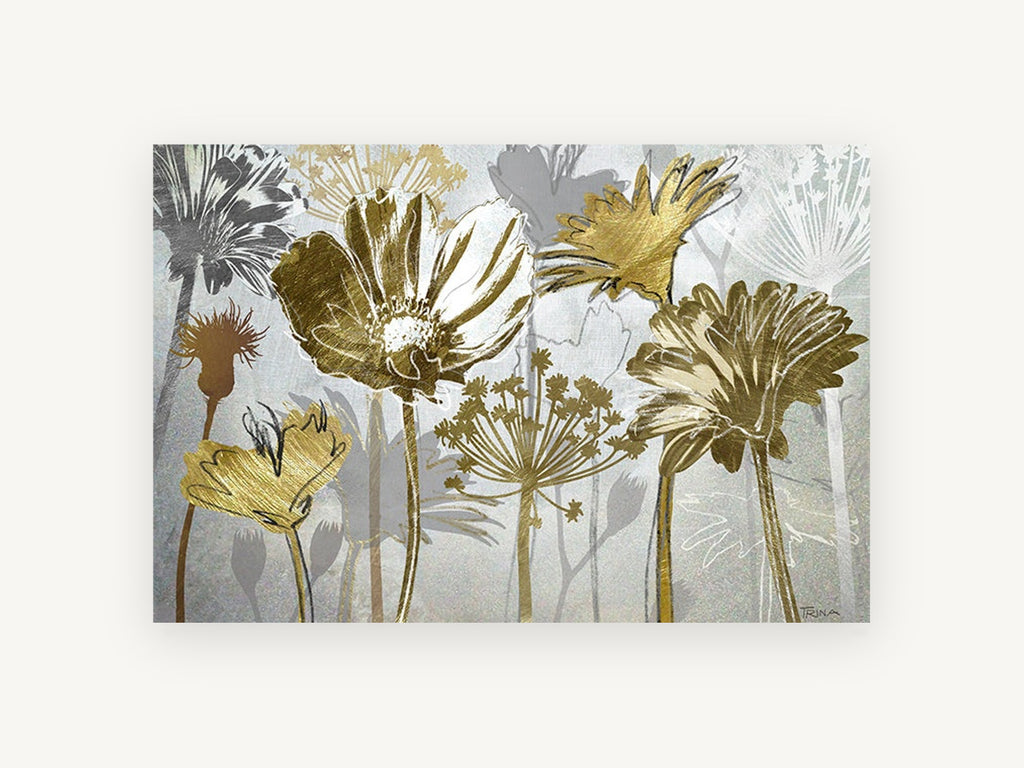 Gilded Meadow Silhouettes, floral canvas wall art print, front view
