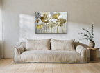 Gilded Meadow Silhouettes floral canvas print on the wall of a living room