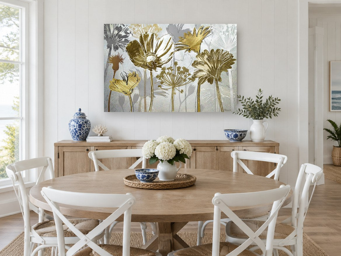 Gilded Meadow Silhouettes floral canvas print on the wall of a Hamptons dining room