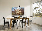 Shaggy Highland Cow landscape canvas print on the wall of a dining room