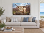 Shaggy Highland Cow landscape canvas print on the wall of a beach house living room