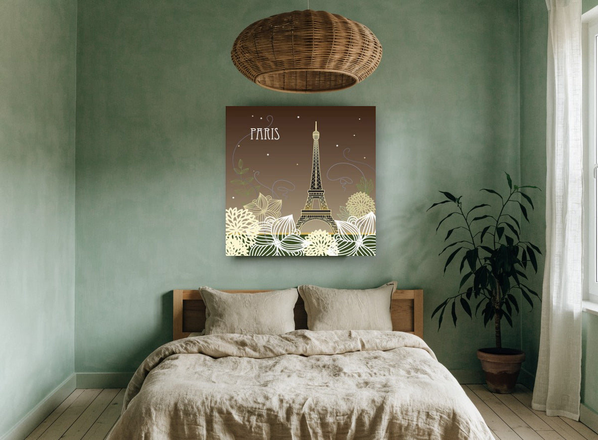 Paris Night Blooms city canvas print on the wall of a bedroom