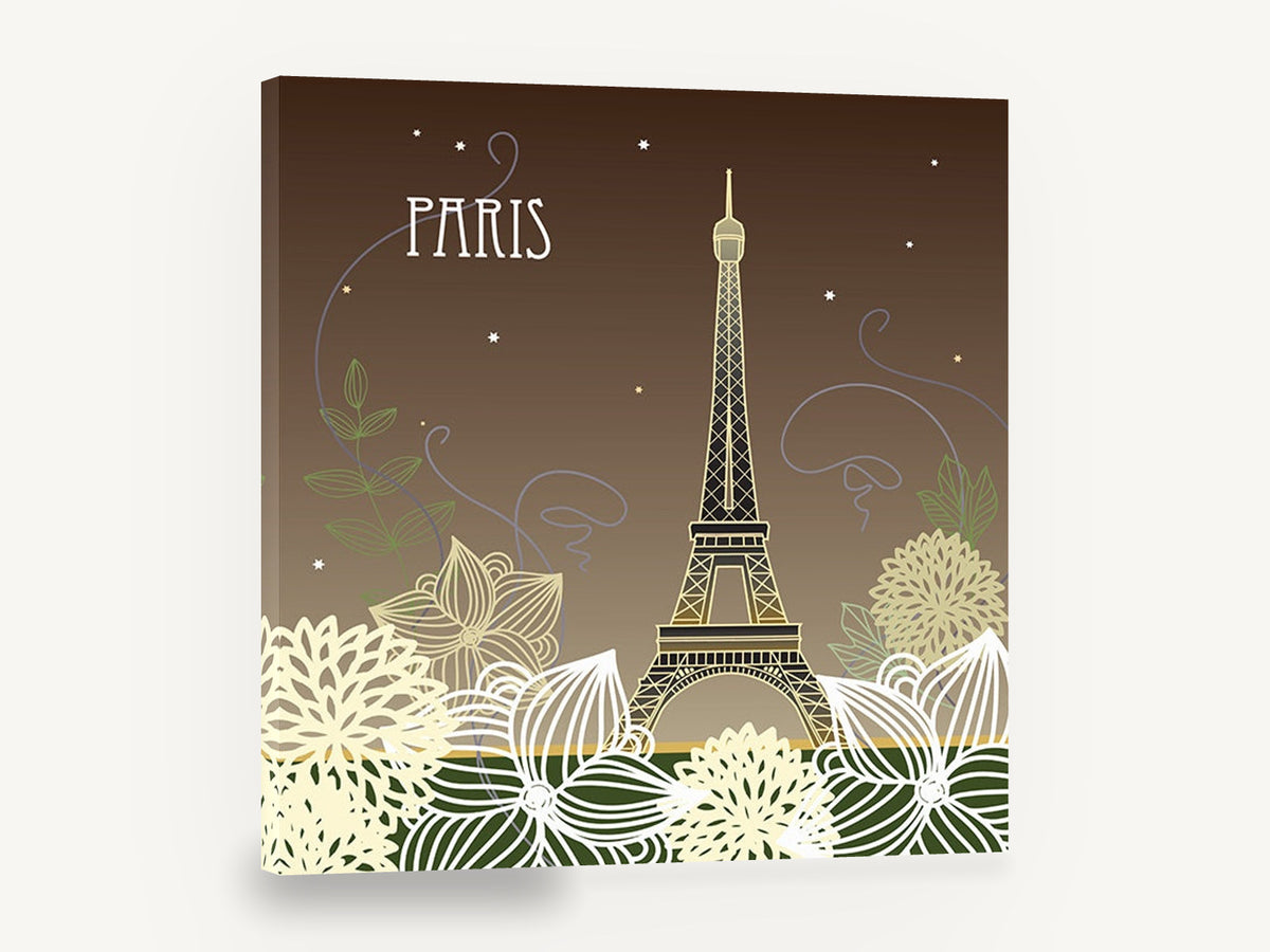 Paris Night Blooms, eiffel tower and flowers illustration, city canvas wall art print ready to hang