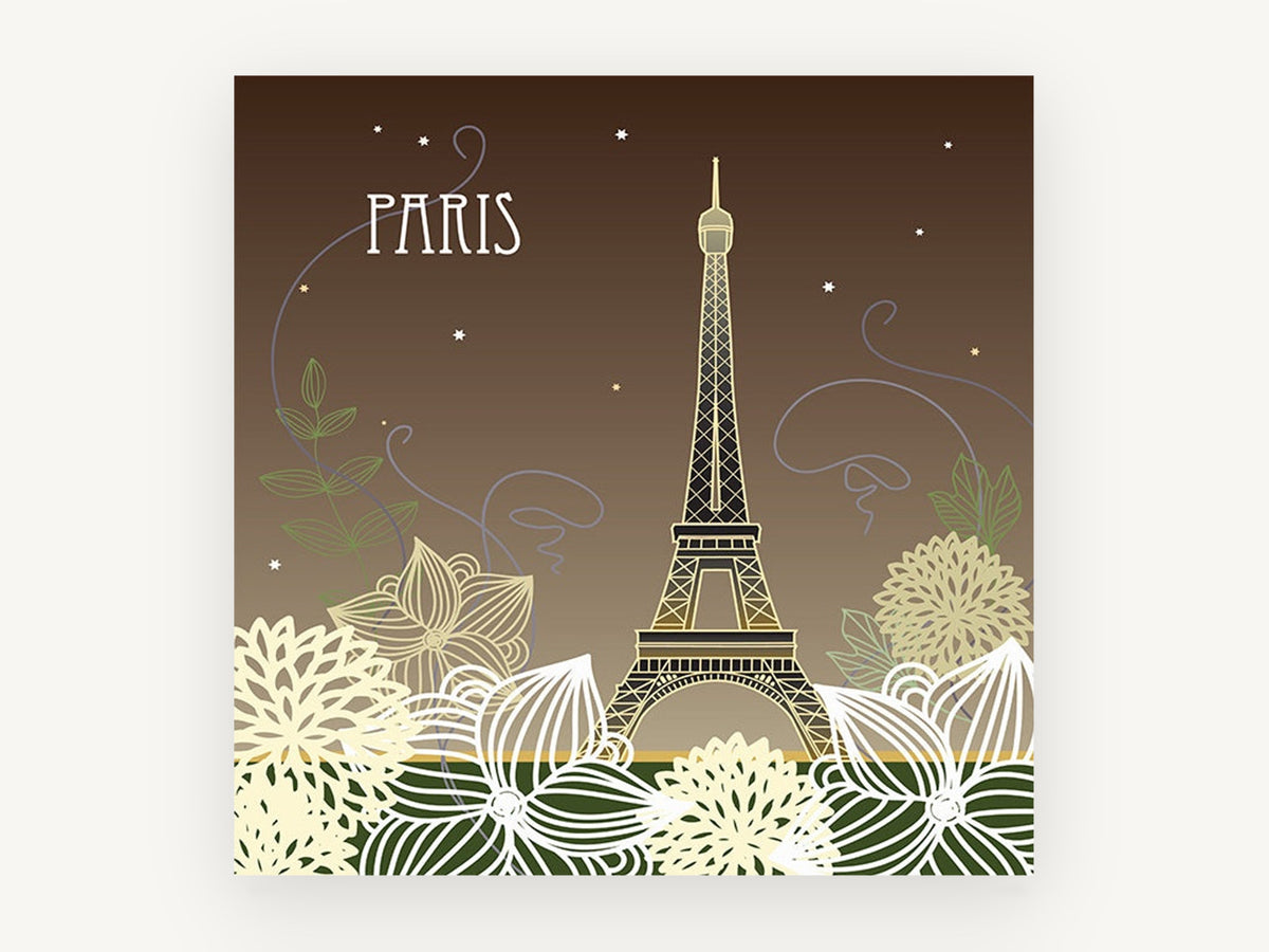 Paris Night Blooms, eiffel tower and flowers illustration, city canvas wall art print, front view