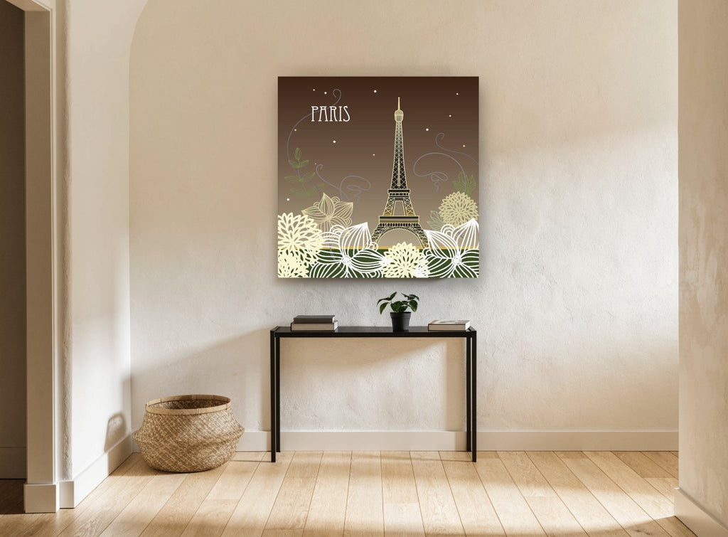 Paris Night Blooms city canvas print on the wall of a hallway