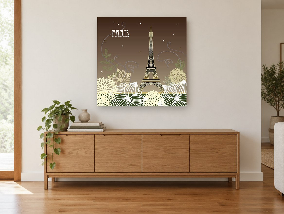 Paris Night Blooms city canvas print on the wall of a living room above a sideboard