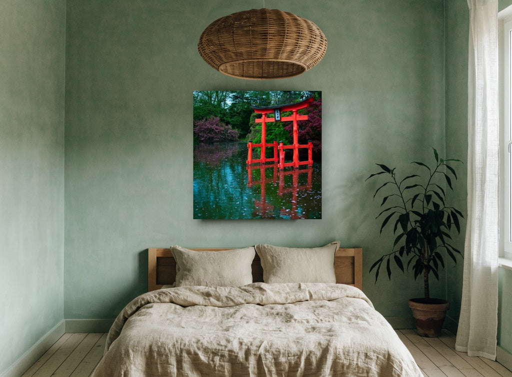 Red Torii Pond landscape canvas print on the wall of a bedroom