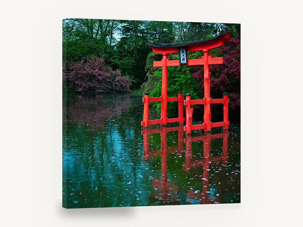 Red Torii Pond, red torii gate pond photograph, landscape canvas wall art print ready to hang