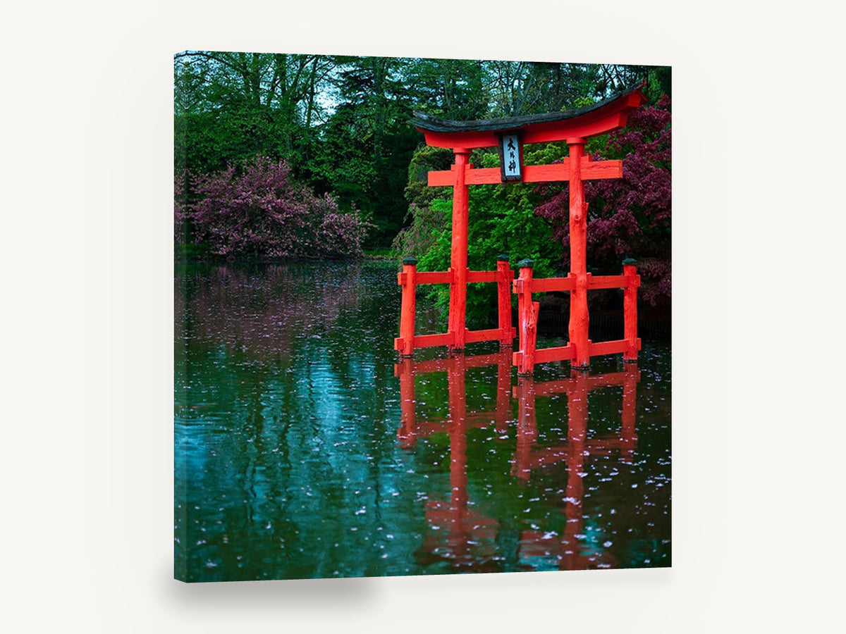 Red Torii Pond, red torii gate pond photograph, landscape canvas wall art print ready to hang