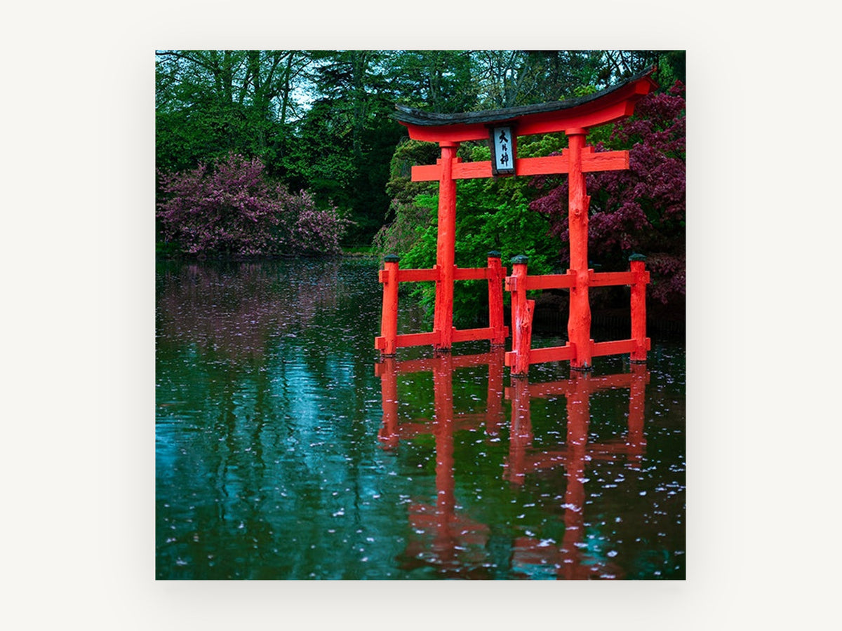 Red Torii Pond, red torii gate pond photograph, landscape canvas wall art print, front view