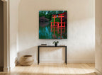 Red Torii Pond landscape canvas print on the wall of a hallway