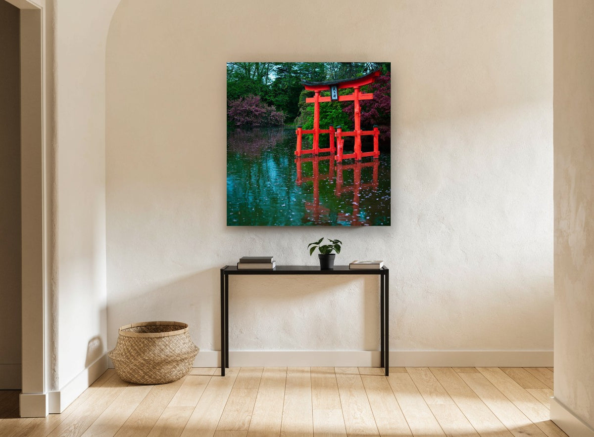 Red Torii Pond landscape canvas print on the wall of a hallway