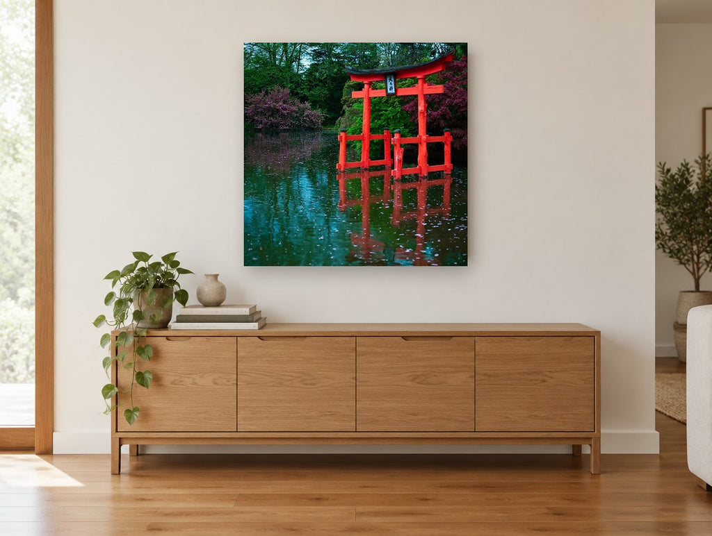 Red Torii Pond landscape canvas print on the wall of a living room above a sideboard