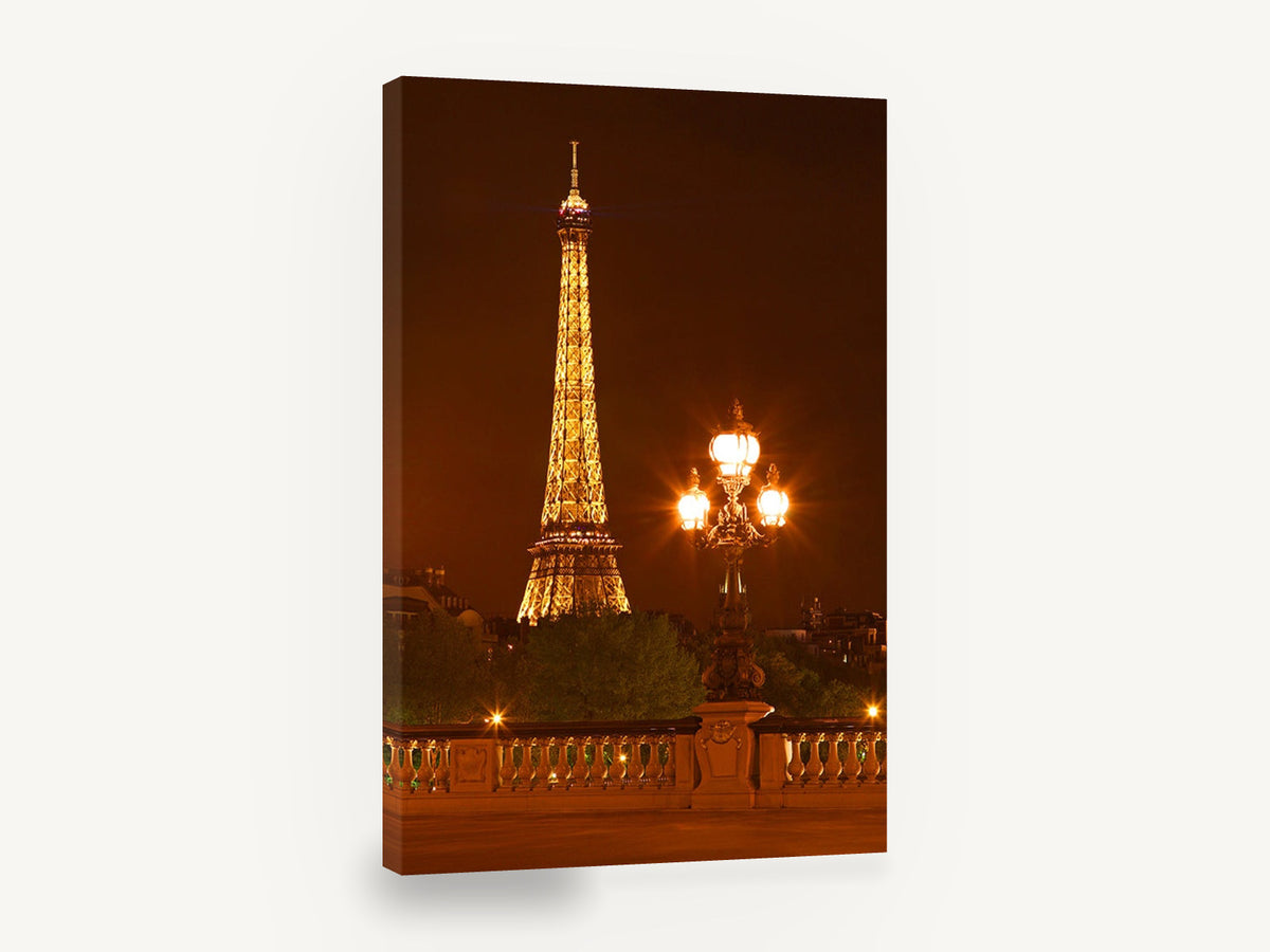 Eiffel Tower Lamplight, eiffel tower at night photograph, city canvas wall art print ready to hang