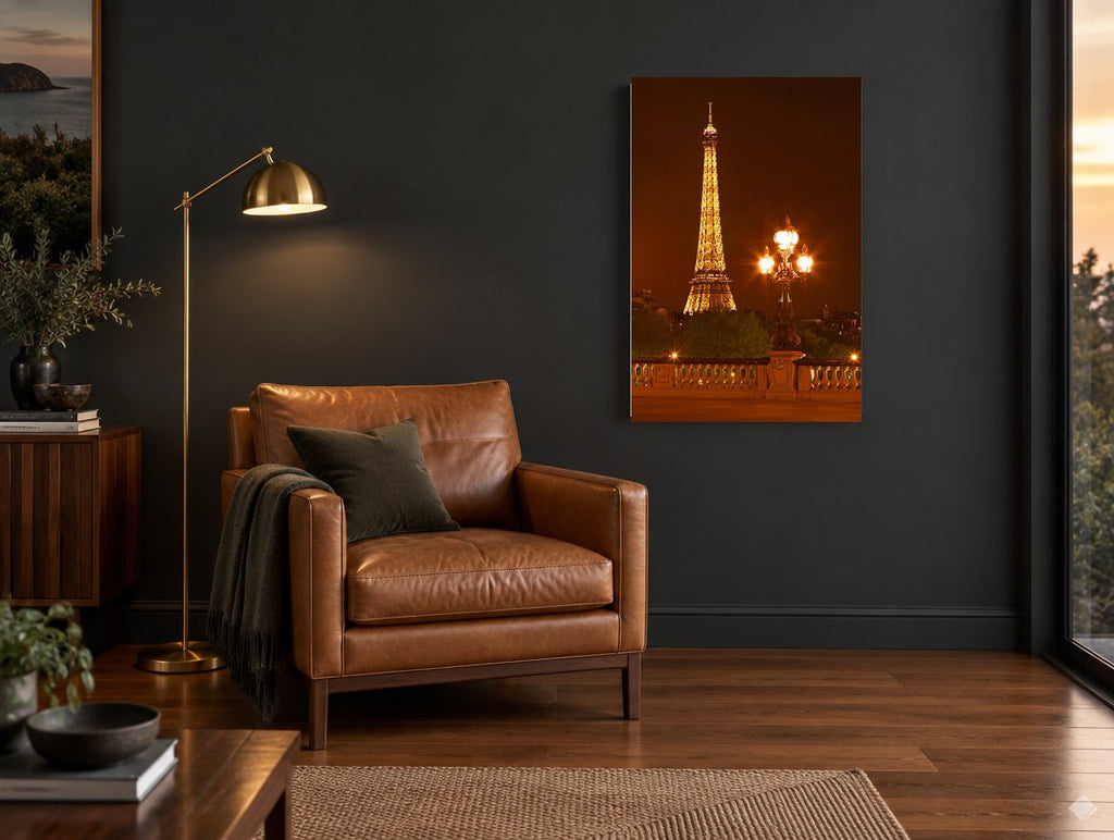 Eiffel Tower Lamplight city canvas print on the wall of a charcoal living room