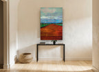 Red Planks to the Horizon coastal canvas print on the wall of a hallway