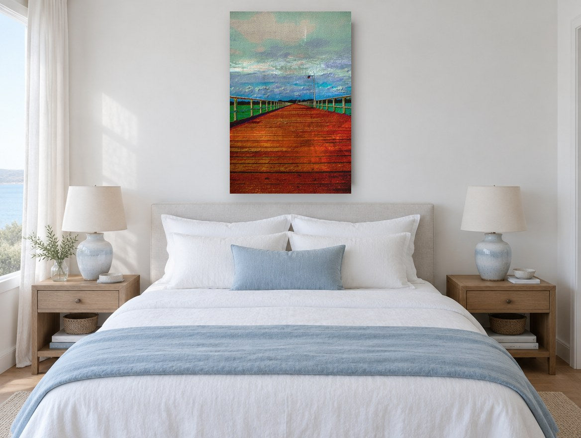 Red Planks to the Horizon coastal canvas print on the wall of a coastal bedroom