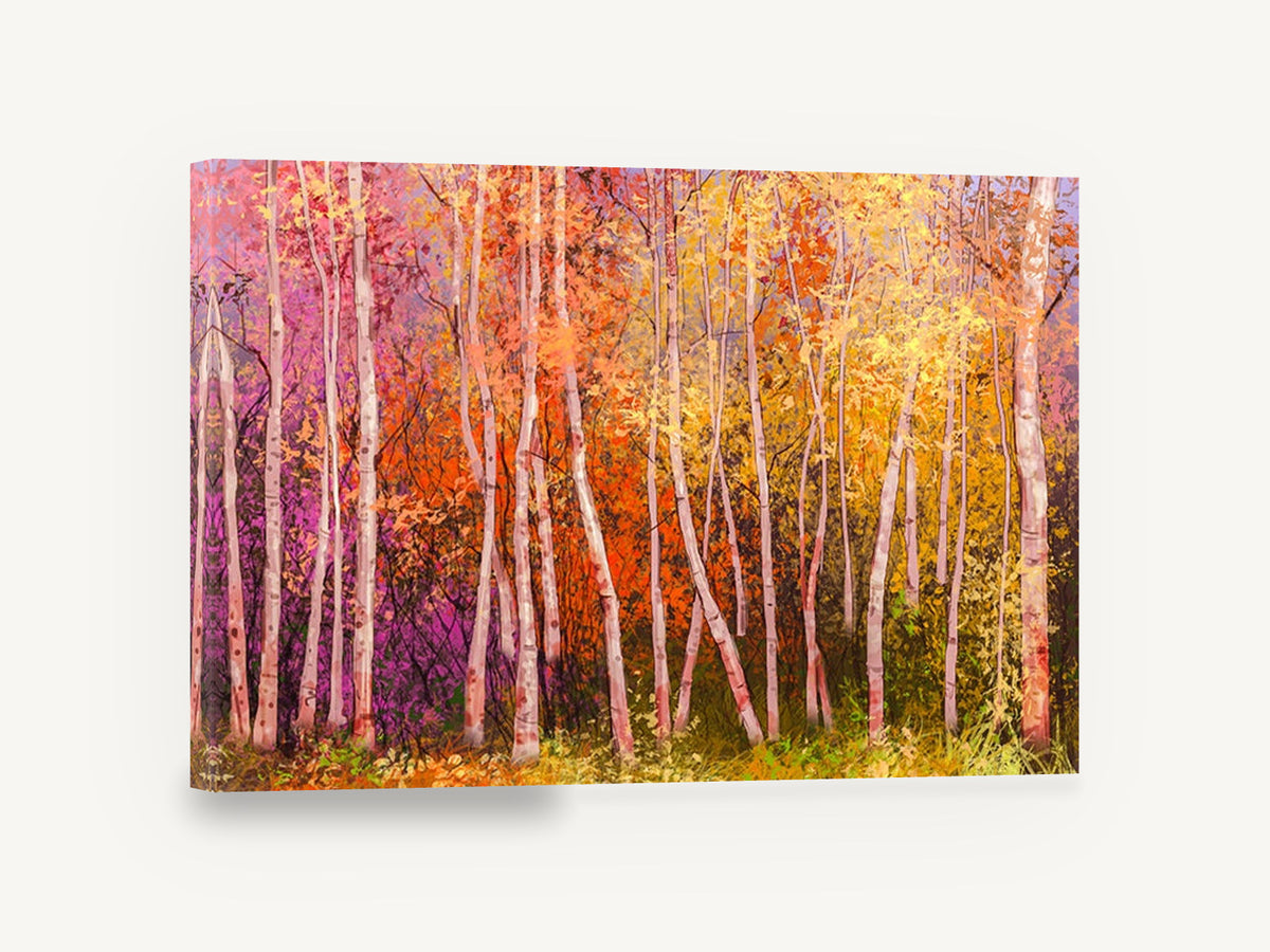 Aspen Glow Grove, colourful autumn birch forest artwork, landscape canvas wall art print ready to hang