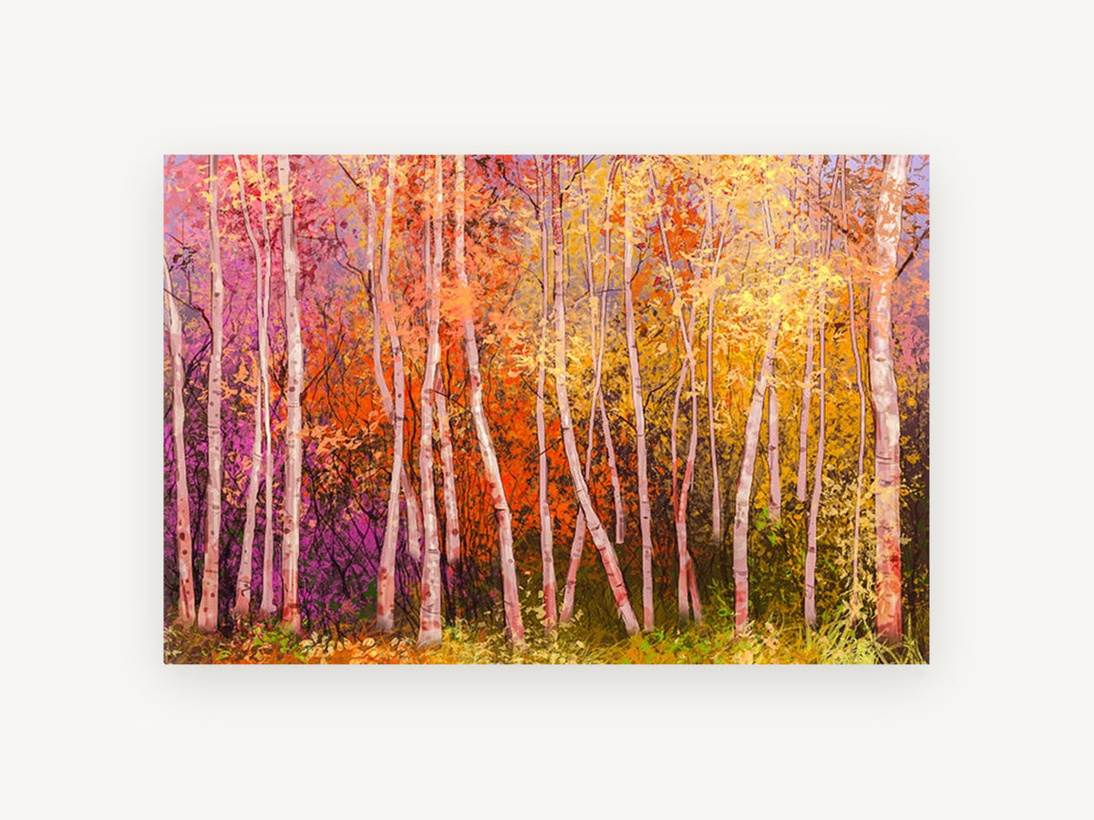 Aspen Glow Grove, colourful autumn birch forest artwork, landscape canvas wall art print, front view