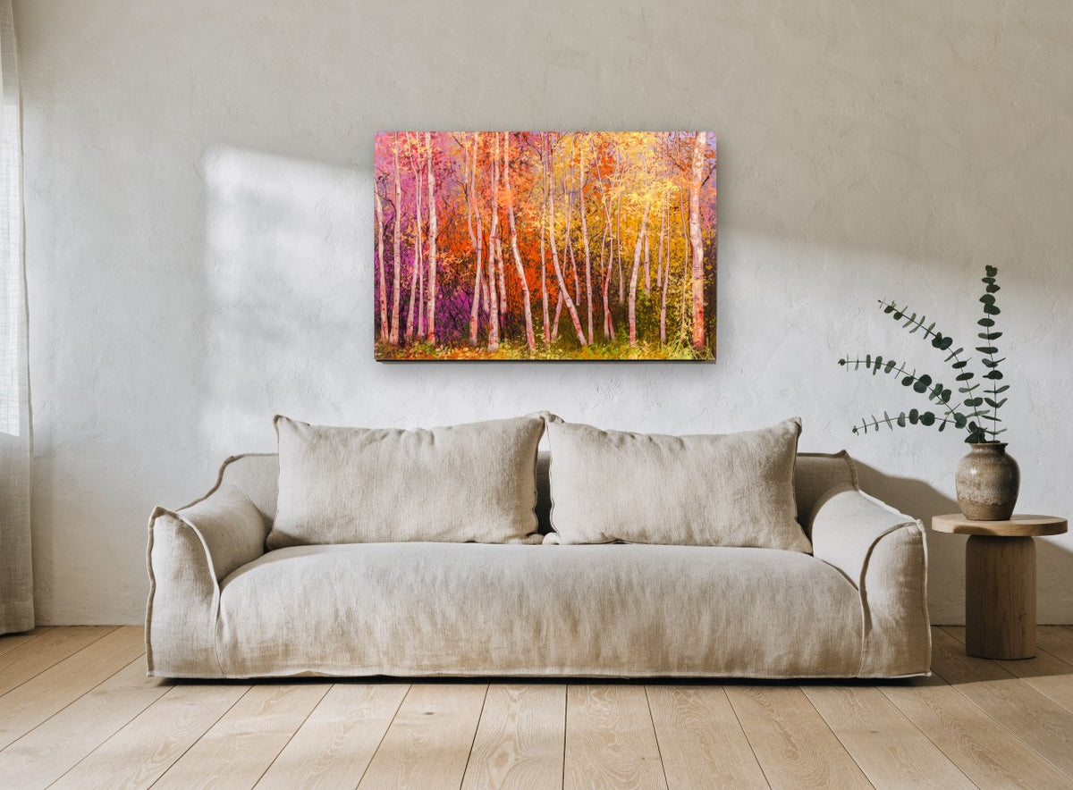 Aspen Glow Grove landscape canvas print on the wall of a living room