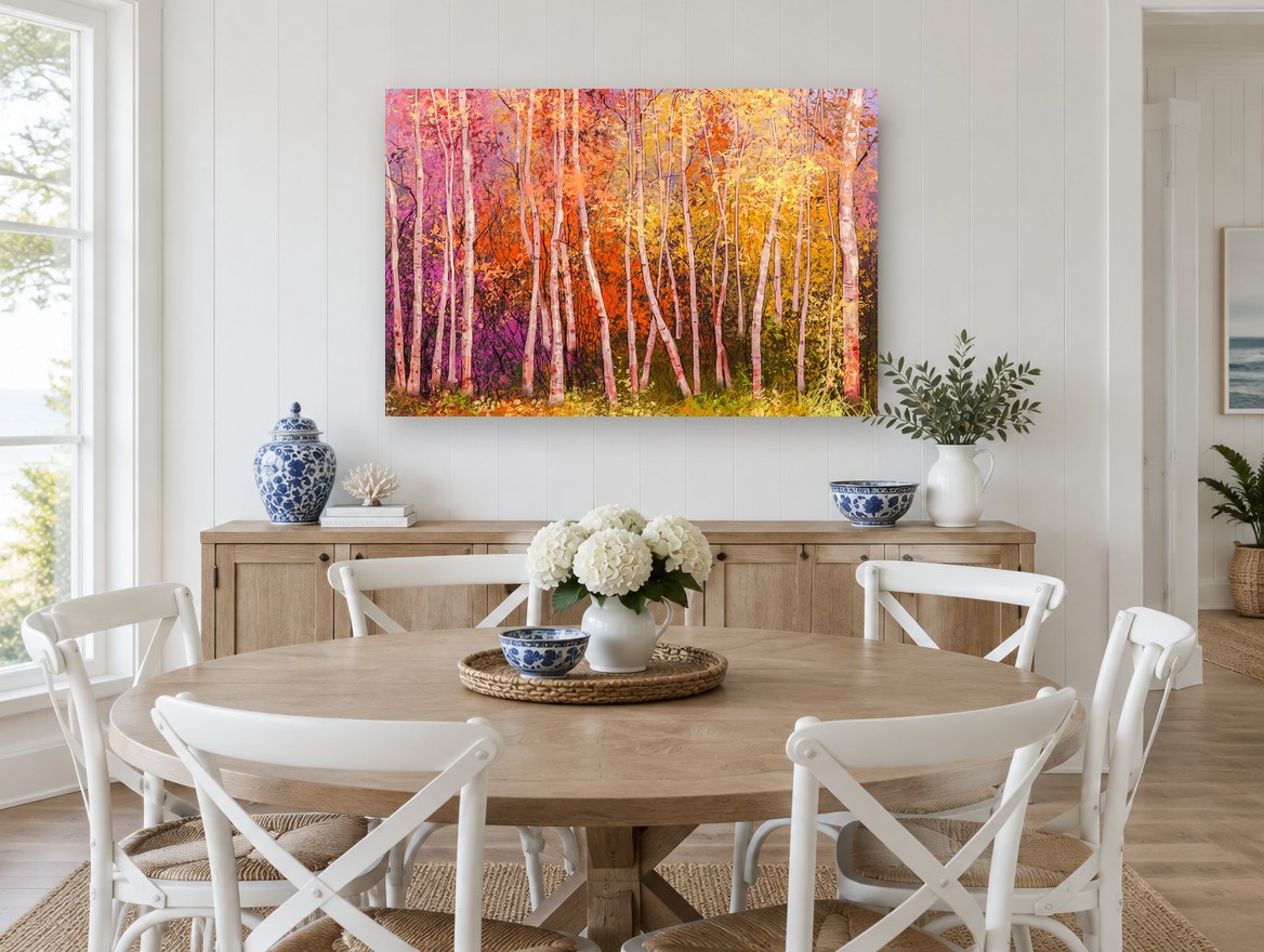 Aspen Glow Grove landscape canvas print on the wall of a Hamptons dining room